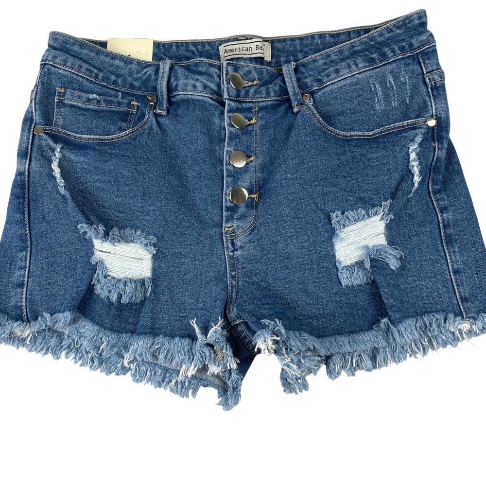 American Bazi Womens Distressed Denim Shorts Medium Blue Button Fly RSS-9001 L